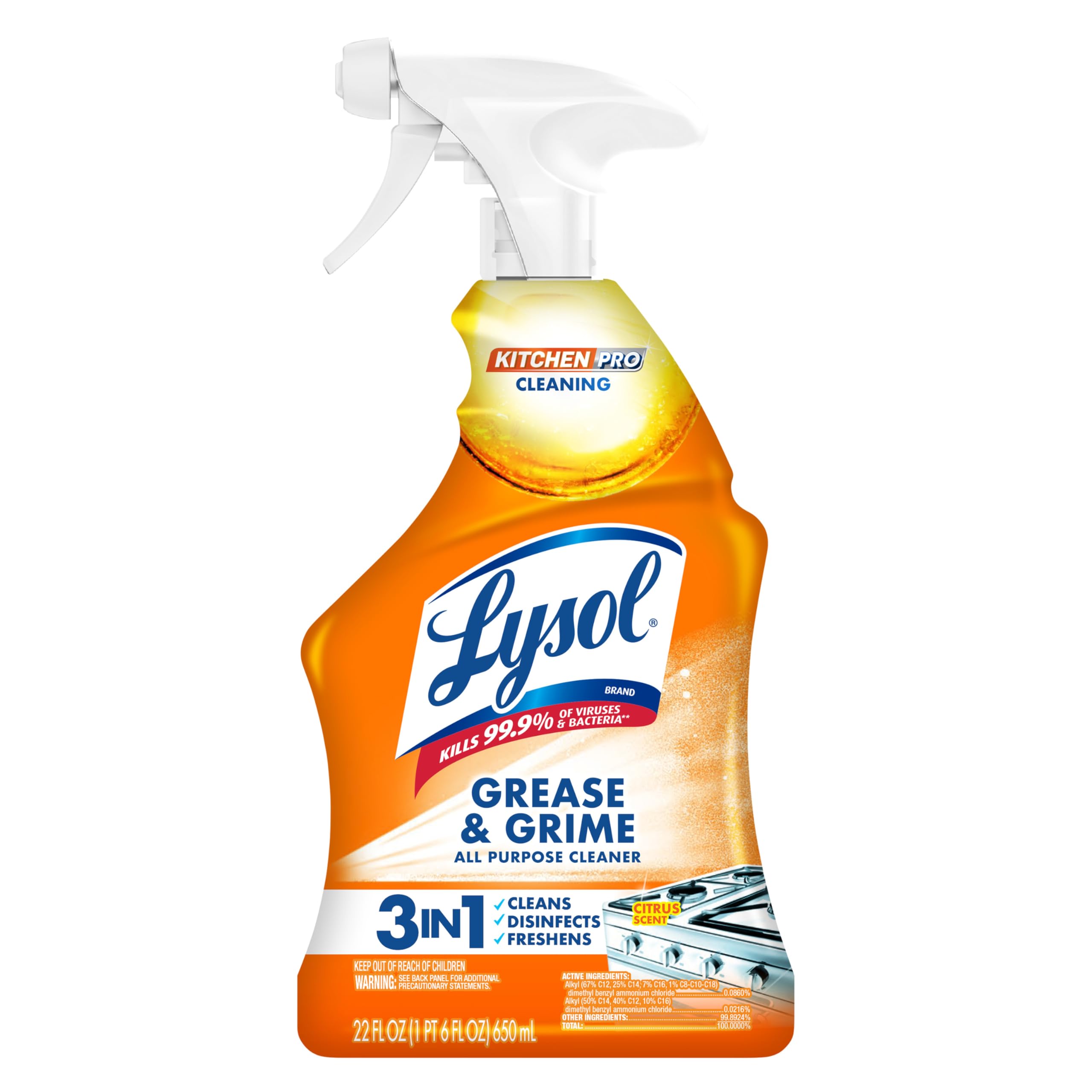 Lysol Pro Kitchen Spray Cleaner and Degreaser, Antibacterial All Purpose Cleaning Spray for Kitchens, Countertops, Ovens, and Appliances