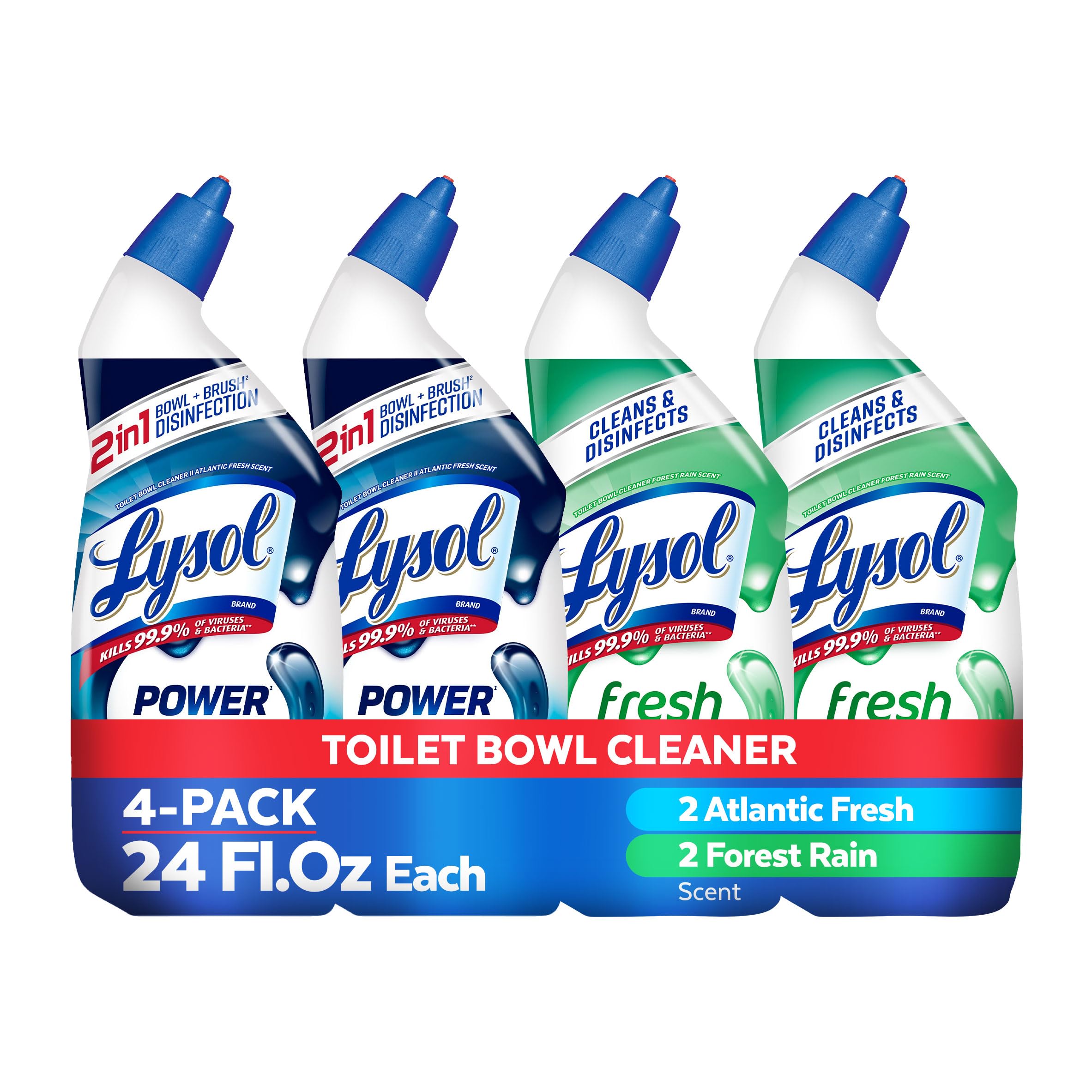 Lysol Toilet Bowl Cleaner, Max Strength Bathroom Cleaning Supplies, Toilet Bowl Cleaner Clinging Gel, Disinfecting and Deodorizing, Bleach Free, Atlantic Fresh + Forest Rain 24 oz (4 ct)