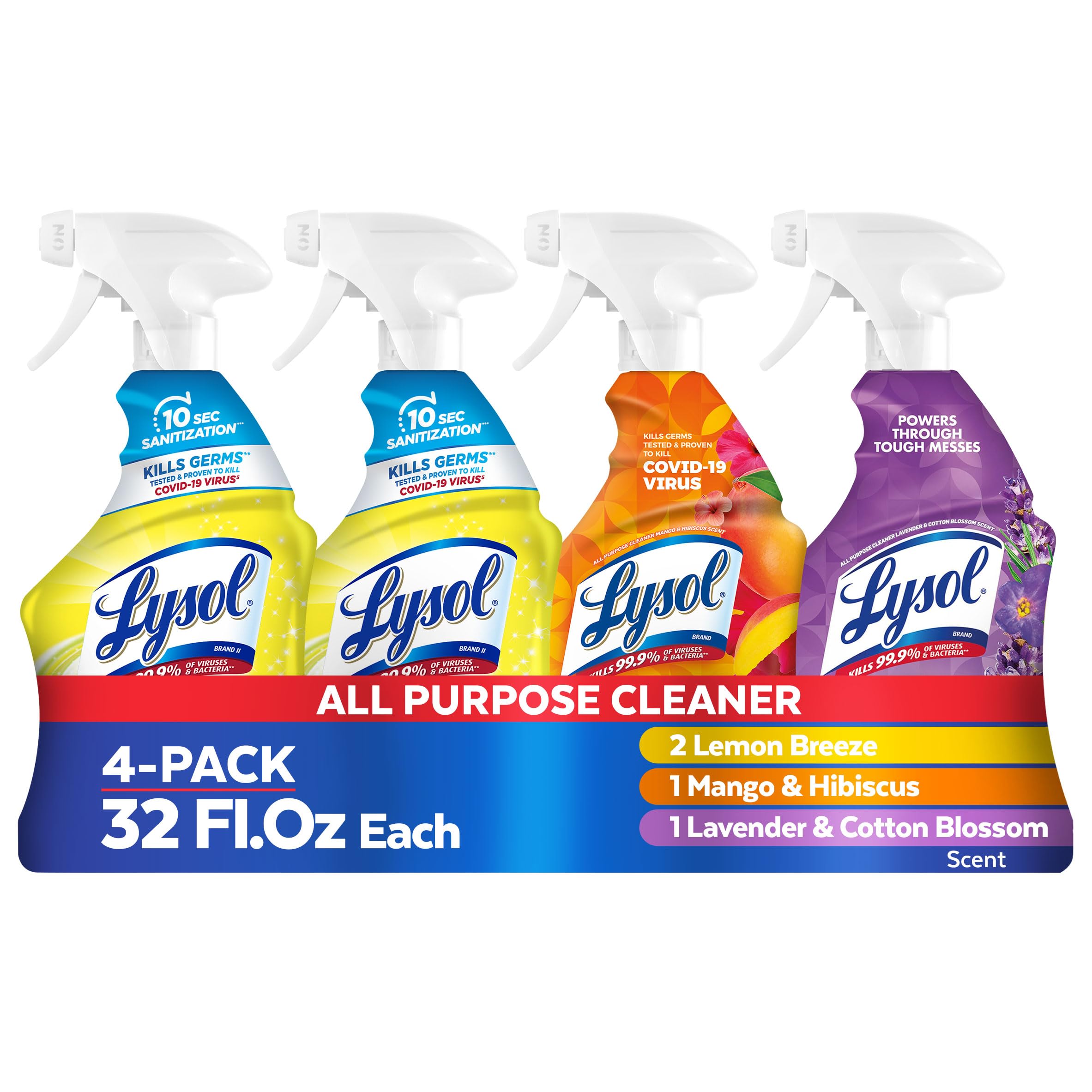 Lysol All Purpose Cleaner Spray, Multi-Purpose Disinfecting Spray, Kitchen & Bathroom Cleaner, Lemon Breeze, Lavender, Mango 32oz (Pack of 4)