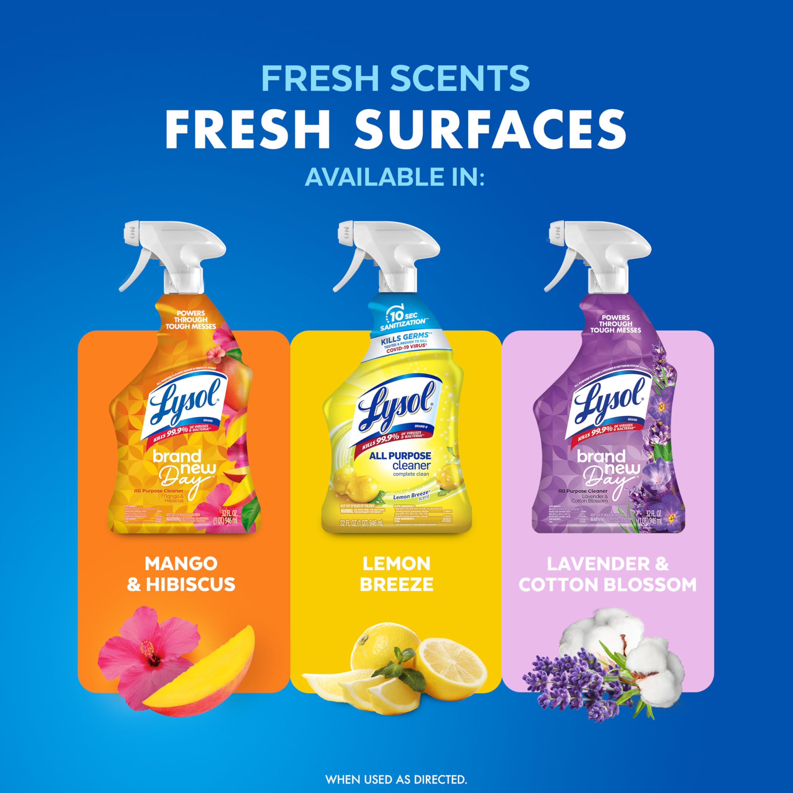 Lysol All Purpose Cleaner Spray, Multi-Purpose Disinfecting Spray, Kitchen & Bathroom Cleaner, Lemon Breeze (pack of 2) + Mango & Hibiscus (pack of 1)