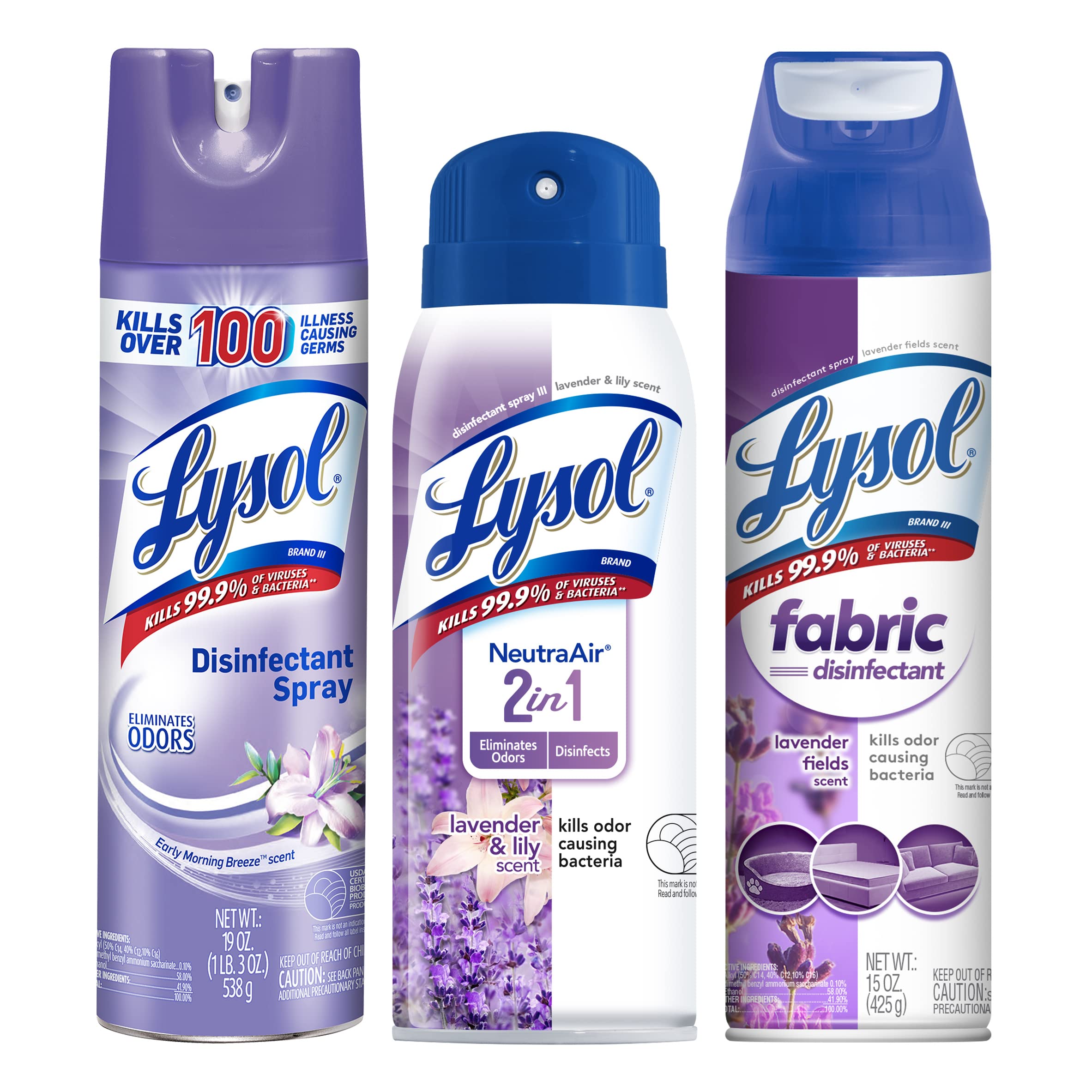 Lysol Disinfecting Spray, Early Morning Breeze 19oz Neutraair 2 in 1 Air Freshener and Disinfectant Spray, Lavender & Lily 10oz Fabric Disinfectant Spray, Lavender Fields 15oz