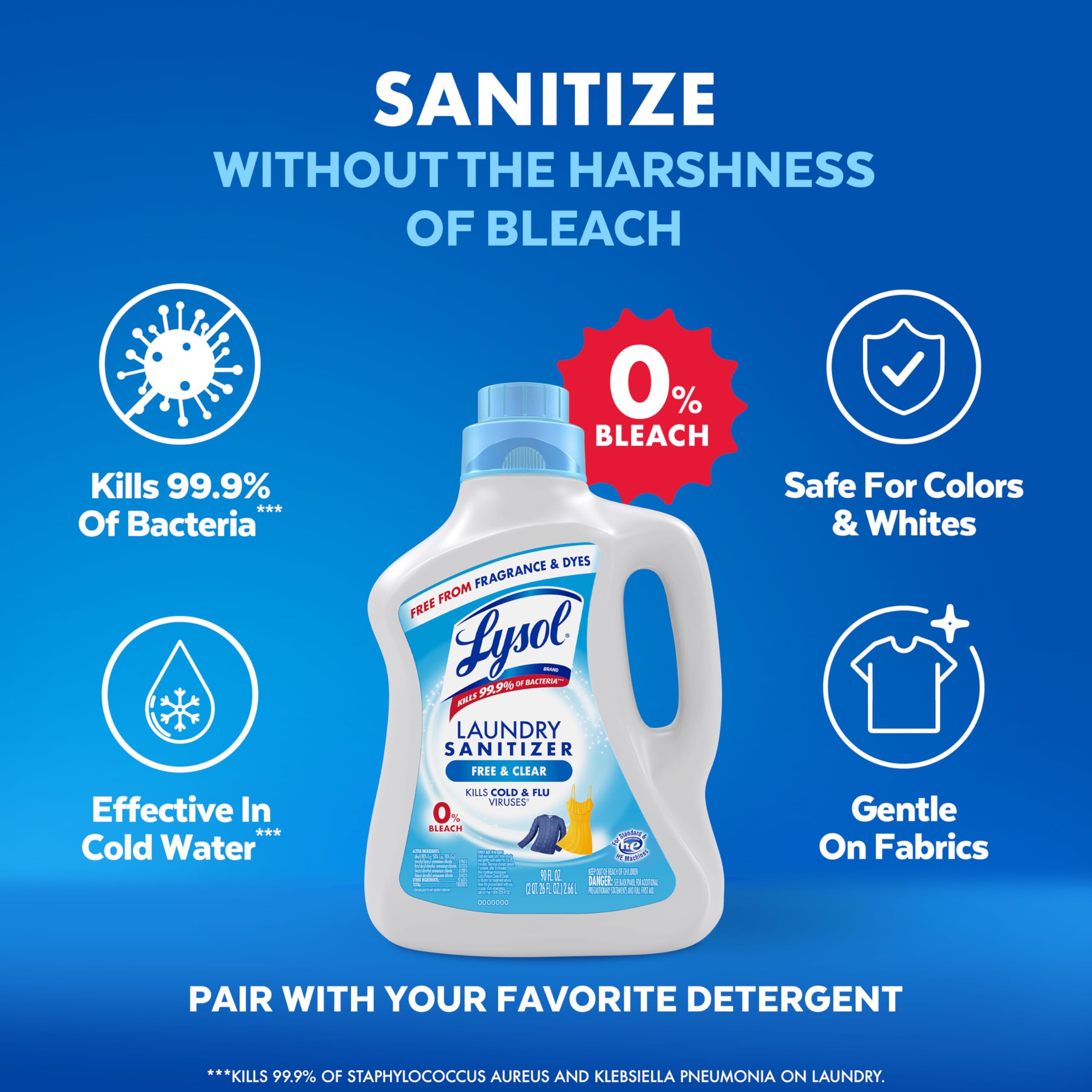 Lysol Laundry Sanitizer Additive, Free & Clear, Free from Fragrance and Dyes, 0% Bleach Laundry Sanitizer