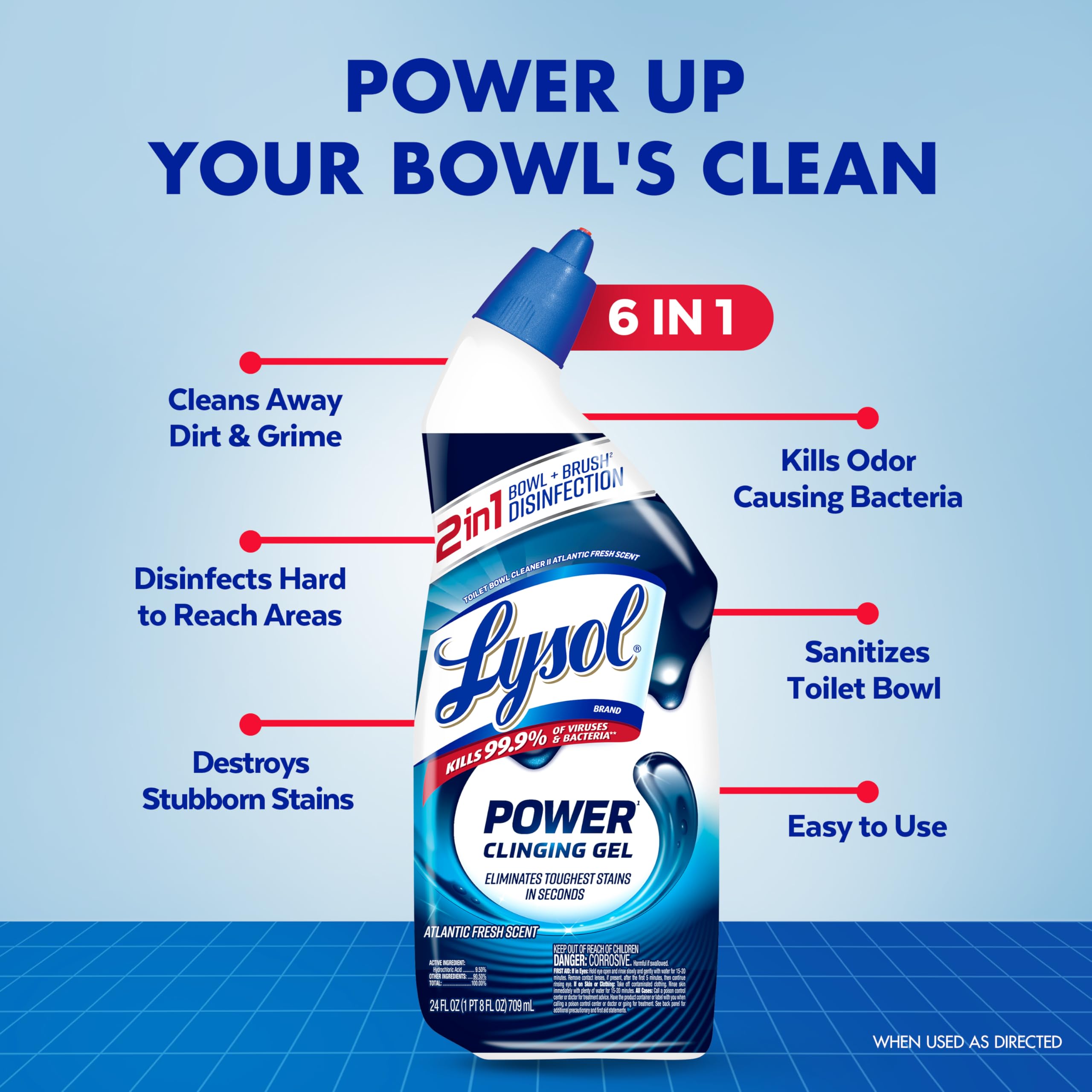 Lysol Toilet Bowl Cleaner, Max Strength Bathroom Cleaning Supplies, Toilet Bowl Cleaner Clinging Gel, Disinfecting and Deodorizing, Bleach Free, Atlantic Fresh + Forest Rain 24 oz (4 ct)