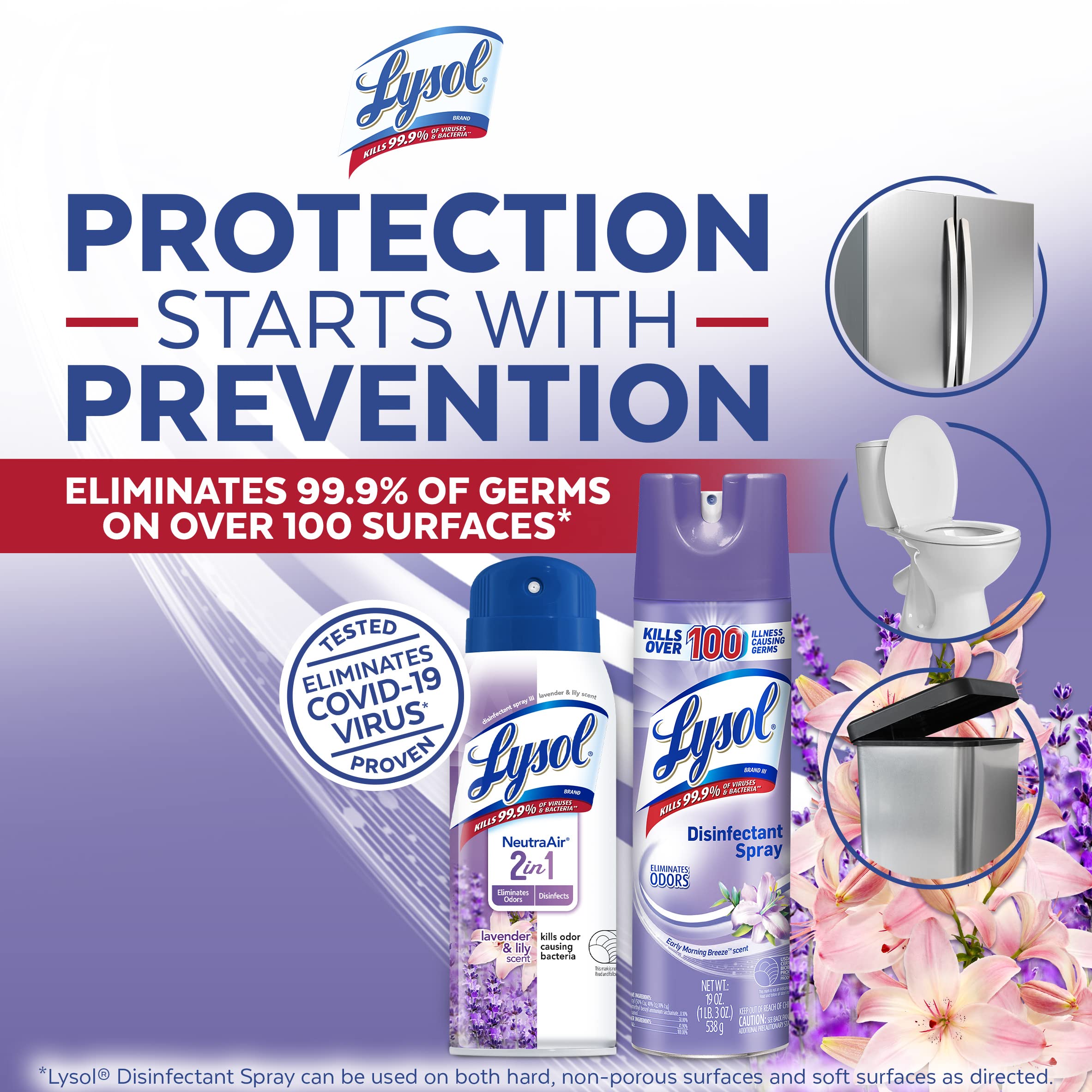 Lysol Disinfecting Spray, Early Morning Breeze 19oz Neutraair 2 in 1 Air Freshener and Disinfectant Spray, Lavender & Lily 10oz Fabric Disinfectant Spray, Lavender Fields 15oz