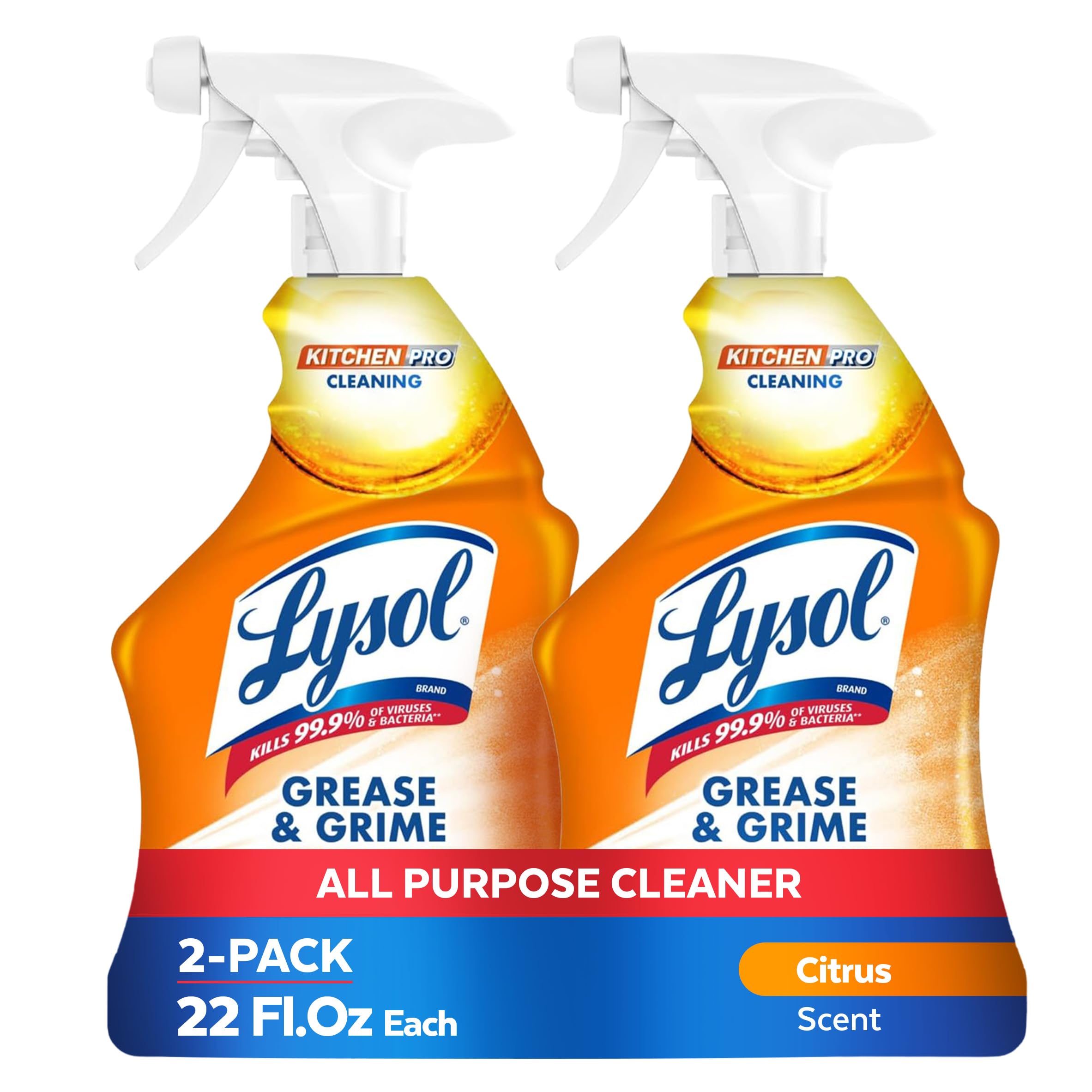 Lysol Pro Kitchen Spray Cleaner and Degreaser, Antibacterial All Purpose Cleaning Spray for Kitchens, Countertops, Ovens, and Appliances, Citrus Scent, 22oz (Pack of 2)