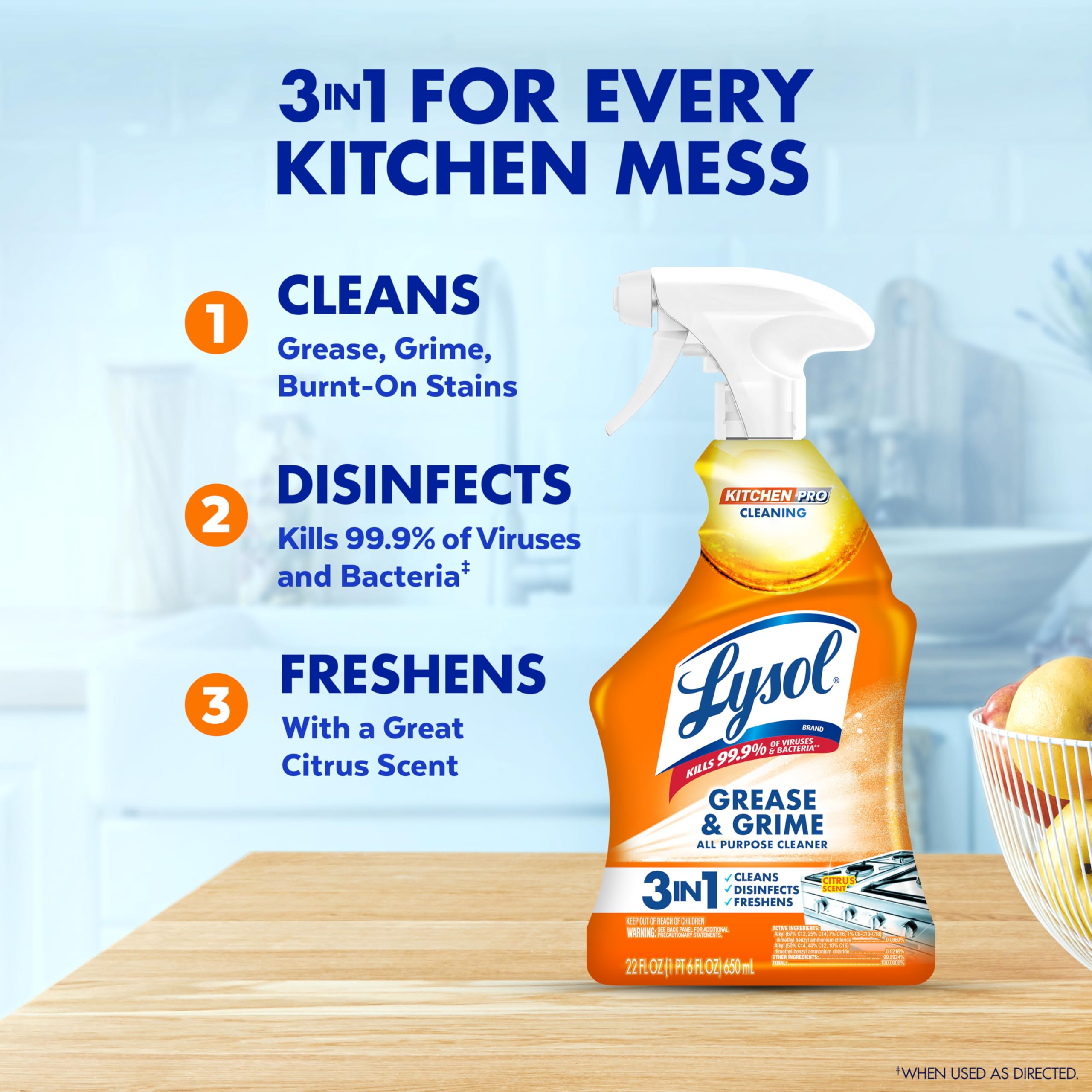 Lysol Pro Kitchen Spray Cleaner and Degreaser, Antibacterial All Purpose Cleaning Spray for Kitchens, Countertops, Ovens, and Appliances