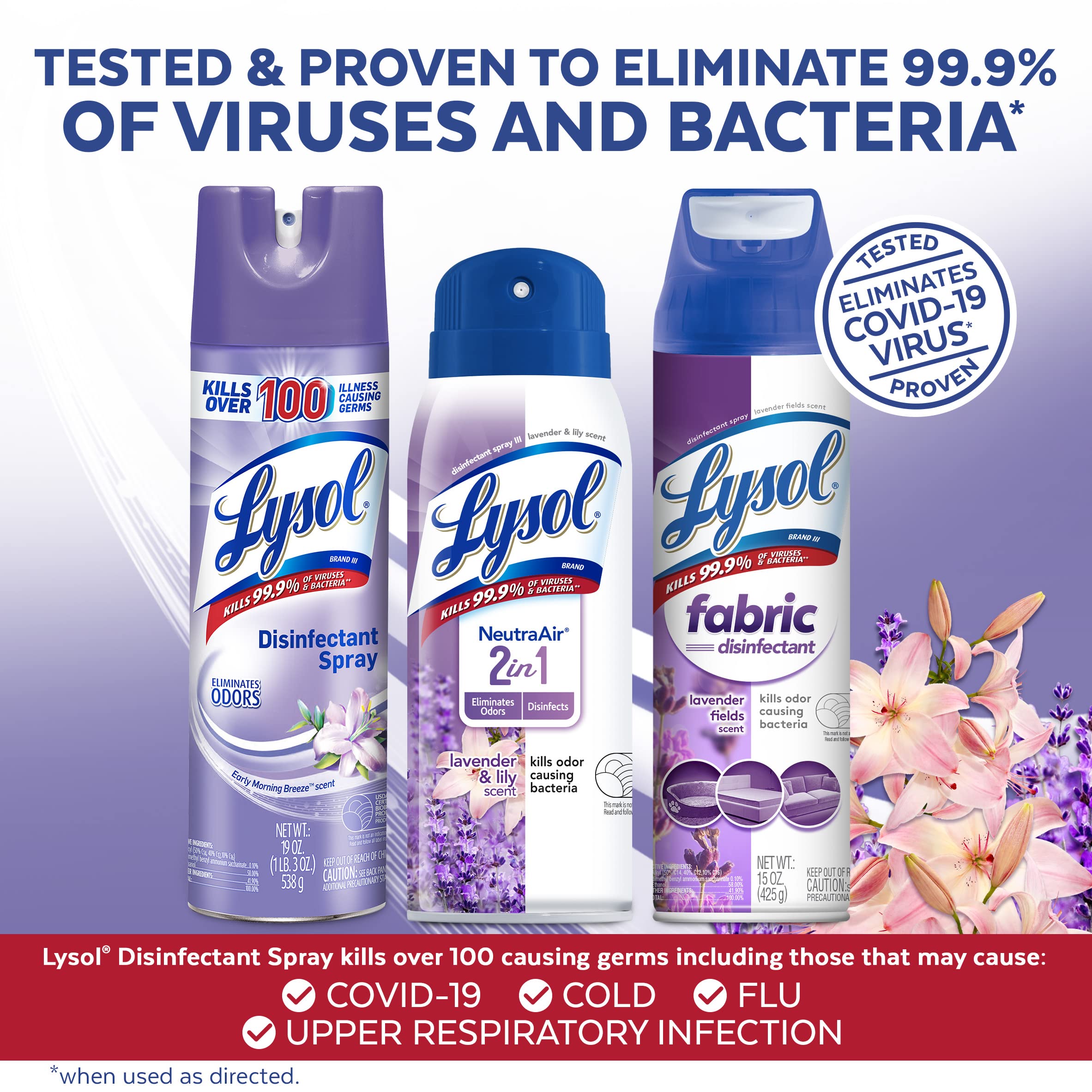 Lysol Disinfecting Spray, Early Morning Breeze 19oz Neutraair 2 in 1 Air Freshener and Disinfectant Spray, Lavender & Lily 10oz Fabric Disinfectant Spray, Lavender Fields 15oz